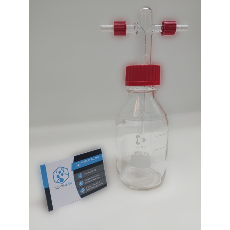 DURAN , Gas Washing Bottle, with filter disc, GL 45, 500 mL , with 2x threads GL 14 , screw caps with olive PP